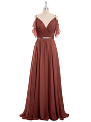 Bretelle Spaghetti Mousseline Robe avec Col en V terracotta Grande Taille