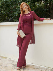 Pantsuit Chic en Mousseline Top en Dentelle avec Veste Bordeaux Grande Taille