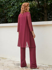 Pantsuit Chic en Mousseline Top en Dentelle avec Veste Bordeaux Grande Taille