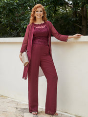 Pantsuit Chic en Mousseline Top en Dentelle avec Veste Bordeaux Grande Taille