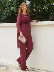 Pantsuit Chic en Mousseline Top en Dentelle avec Veste Bordeaux Grande Taille