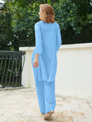 Pantsuit Chic en Mousseline Top en Dentelle avec Veste Bleu