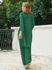 Pantsuit Chic en Mousseline Top en Dentelle avec Veste Vert Foncé Grande Taille