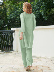 Pantsuit Chic en Mousseline Top en Dentelle avec Veste Sauge Poudrée Grande Taille