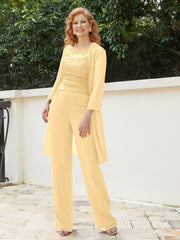 Pantsuit Chic en Mousseline Top en Dentelle avec Veste Or Grande Taille