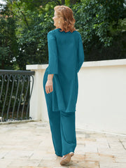 Pantsuit Chic en Mousseline Top en Dentelle avec Veste Bleu Encre