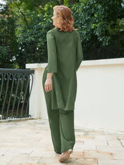 Pantsuit Chic en Mousseline Top en Dentelle avec Veste Olive Verte Grande Taille