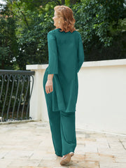 Pantsuit Chic en Mousseline Top en Dentelle avec Veste Paon Grande Taille