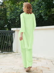 Pantsuit Chic en Mousseline Top en Dentelle avec Veste Sauge