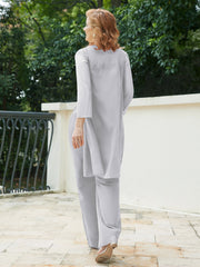 Pantsuit Chic en Mousseline Top en Dentelle avec Veste Argent Grande Taille