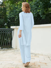 Pantsuit Chic en Mousseline Top en Dentelle avec Veste Bleu Ciel