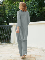 Pantsuit Chic en Mousseline Top en Dentelle avec Veste Gris Acier