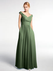 Robe Longue à Hors de l'Épaule et Col en V avec Poches Olive Verte