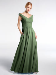 Robe Longue à Hors de l'Épaule et Col en V avec Poches Olive Verte
