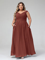 Robe Longue à Hors de l'Épaule et Col en V avec Poches terracotta Grande Taille