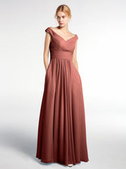 Robe Longue à Hors de l'Épaule et Col en V avec Poches terracotta