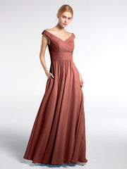 Robe Longue à Hors de l'Épaule et Col en V avec Poches terracotta