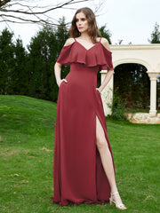 Robe Longue de A-ligne Hors de l'épaule en Mousseline Cannelle Rose
