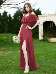 Robe Longue de A-ligne Hors de l'épaule en Mousseline Cannelle Rose