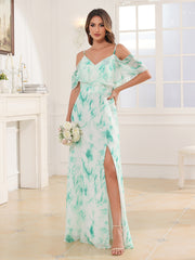 Robe Longue de A-ligne Hors de l'épaule en Mousseline Marbre Menthe