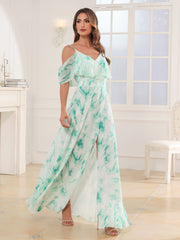 Robe Longue de A-ligne Hors de l'épaule en Mousseline Marbre Menthe