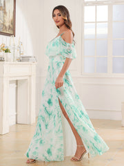 Robe Longue de A-ligne Hors de l'épaule en Mousseline Marbre Menthe