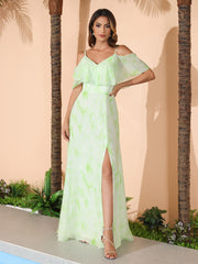 Robe Longue de A-ligne Hors de l'épaule en Mousseline Sage Dream