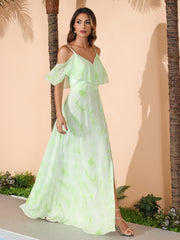 Robe Longue de A-ligne Hors de l'épaule en Mousseline Sage Dream