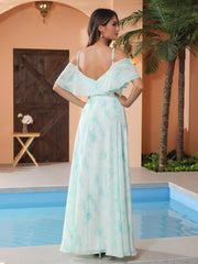 Robe Longue de A-ligne Hors de l'épaule en Mousseline Nuage Menthe