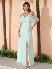 Robe Longue de A-ligne Hors de l'épaule en Mousseline Nuage Menthe