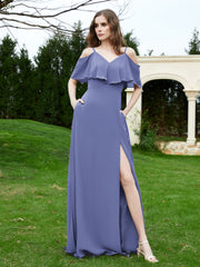Robe Longue de A-ligne Hors de l'épaule en Mousseline Pervenche