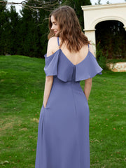 Robe Longue de A-ligne Hors de l'épaule en Mousseline Pervenche