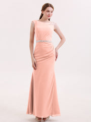 Robe Mousseline Fourreau avec Ceinture Perlée Corail Grande Taille