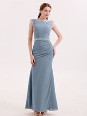Robe Mousseline Fourreau avec Ceinture Perlée Bleu Poudré Grande Taille