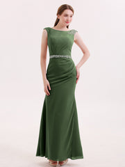 Robe Mousseline Fourreau avec Ceinture Perlée Olive Verte Grande Taille
