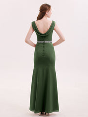 Robe Mousseline Fourreau avec Ceinture Perlée Olive Verte
