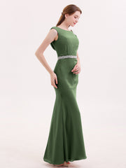 Robe Mousseline Fourreau avec Ceinture Perlée Olive Verte