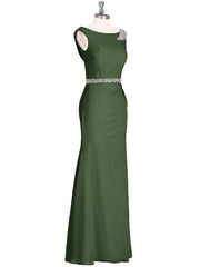 Robe Mousseline Fourreau avec Ceinture Perlée Olive Verte