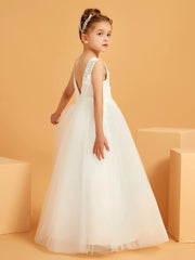 Robe de Fille à A-ligne en Dentelle Appliquée avec Longueur au Sol