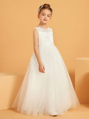 Robe de Fille à A-ligne en Dentelle Appliquée avec Longueur au Sol