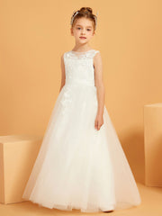 Robe de Fille à A-ligne en Dentelle Appliquée avec Longueur au Sol