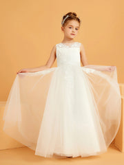 Robe de Fille à A-ligne en Dentelle Appliquée avec Longueur au Sol