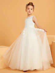 Robe de Fille à A-ligne en Dentelle Appliquée avec Longueur au Sol