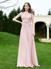 Robe Appliquée de A-ligne en Mousseline et Dentelle Rose Poudré