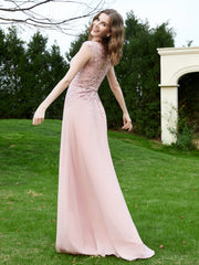 Robe Appliquée de A-ligne en Mousseline et Dentelle Rose Poudré