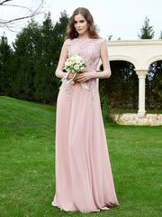 Robe Appliquée de A-ligne en Mousseline et Dentelle Rose Poudré Grande Taille