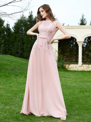 Robe Appliquée de A-ligne en Mousseline et Dentelle Rose Poudré