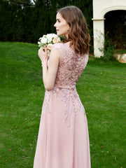 Robe Appliquée de A-ligne en Mousseline et Dentelle Rose Poudré Grande Taille