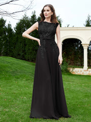 Robe Appliquée de A-ligne en Mousseline et Dentelle Noir