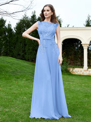 Robe Appliquée de A-ligne en Mousseline et Dentelle Bleu